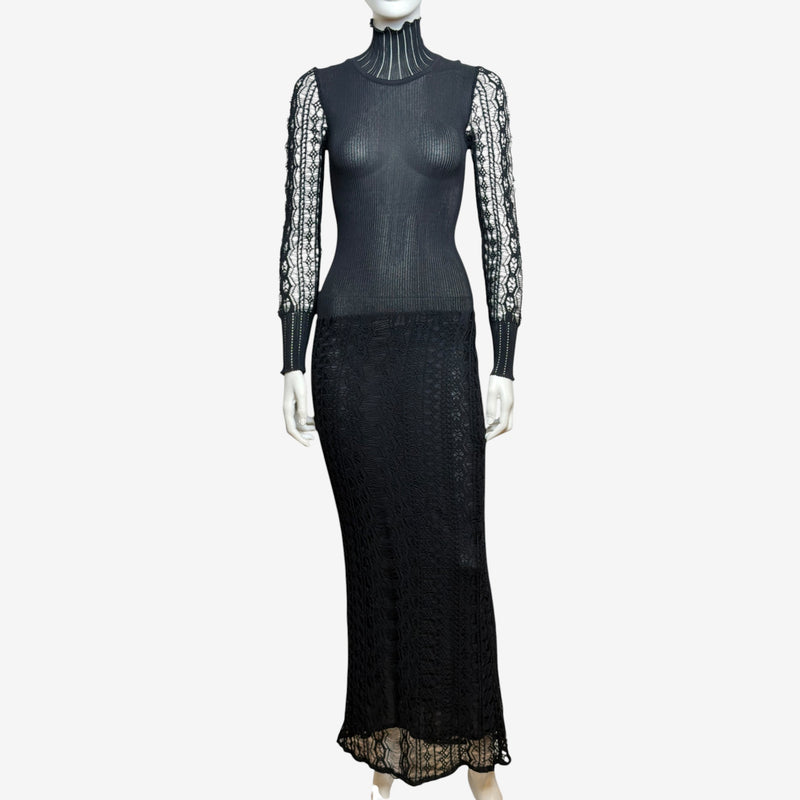 Black ribbed knit gown by Christian Dior with geometric lace sleeves, front view