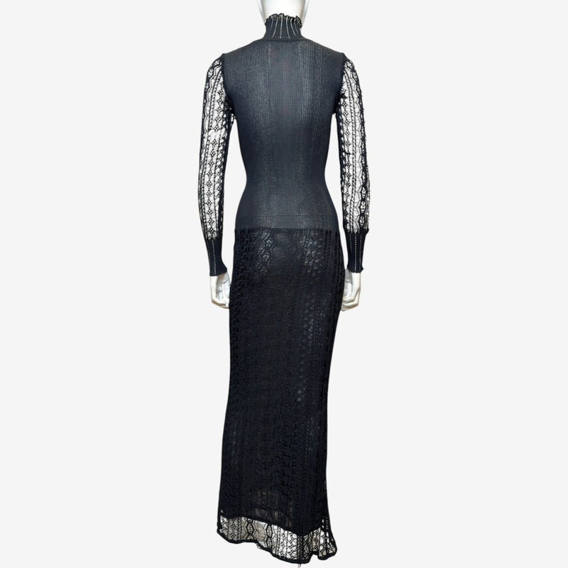 Black ribbed knit and lace gown, full-length view