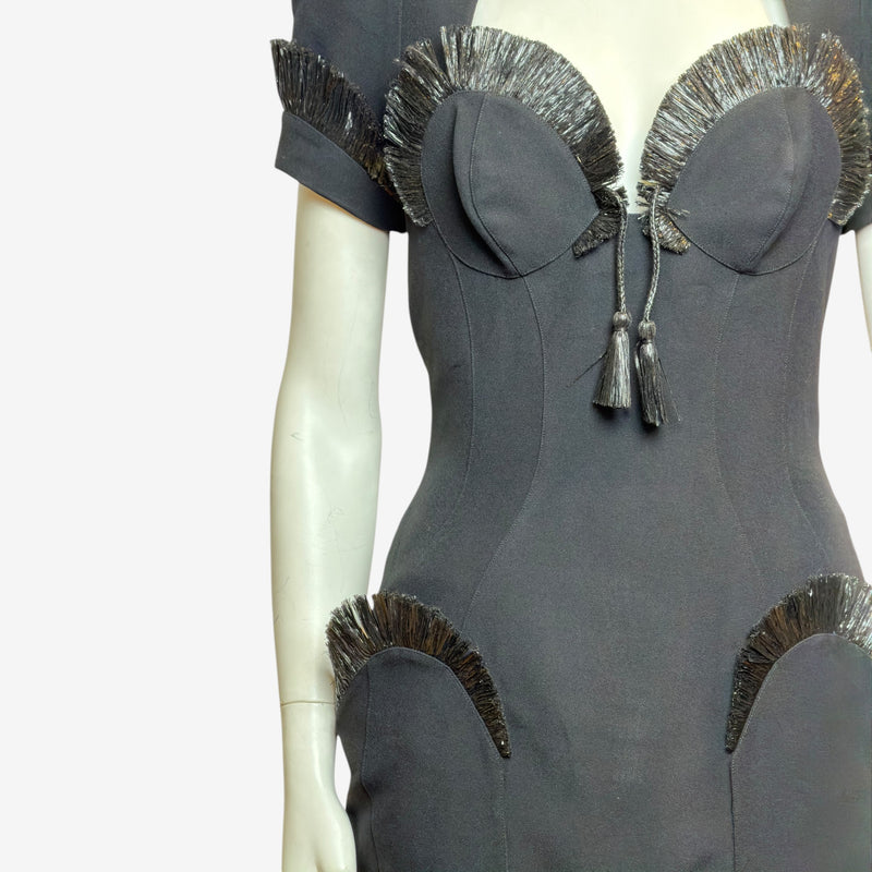 Thierry Mugler bustier dress front view, molded bust cups with radiating raffia details