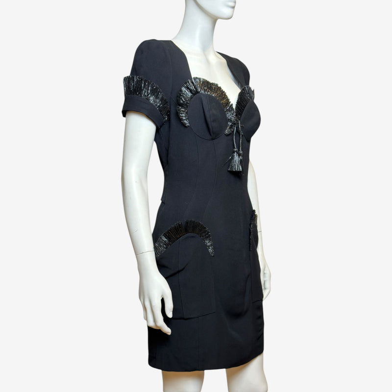 Black bustier dress by Thierry Mugler, lace-up front closure with black cord threading