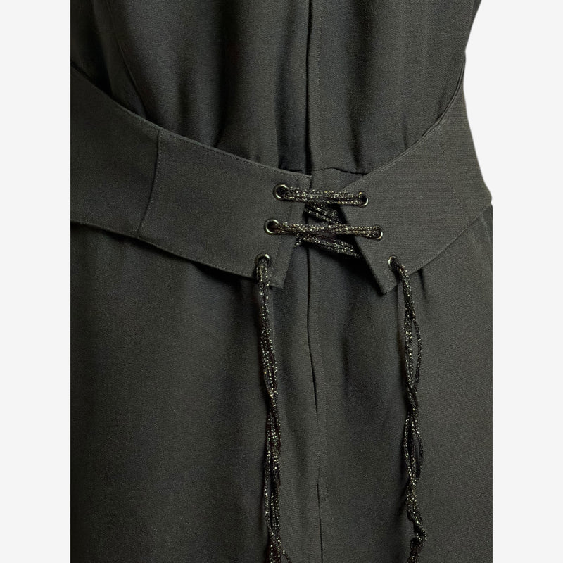 Black gabardine bustier dress by Thierry Mugler, cap sleeves and raffia shoulder embellishment
