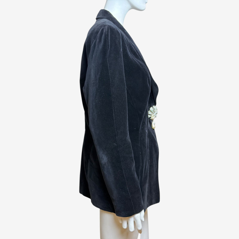 Navy velvet blazer by Thierry Mugler with ornate shell brooch featuring pavé crystals and pearls