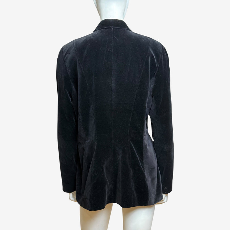 Navy velvet blazer by Thierry Mugler, back view showing fitted torso and flared hem