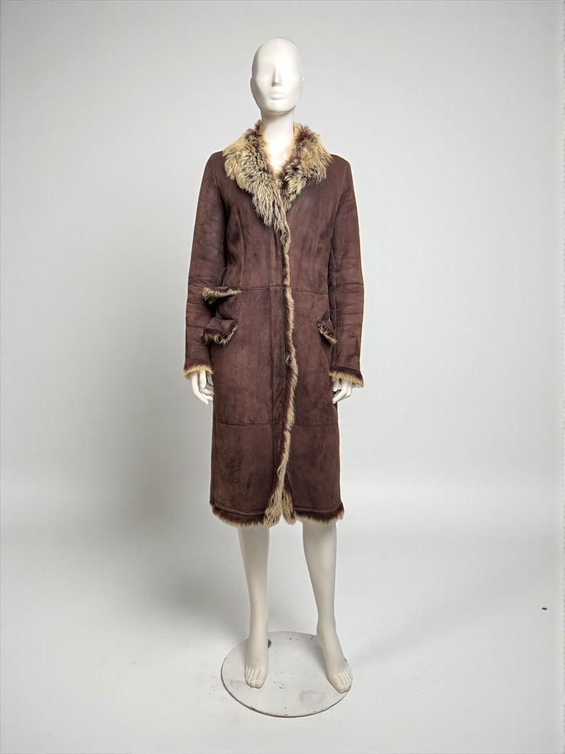 Brown shearling coat by Gucci Tom Ford Fall 1998, full front view