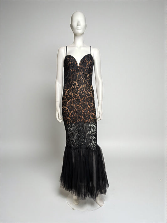 La Perla 1990s Black Lace Mermaid Gown with Sheer Tulle Hem