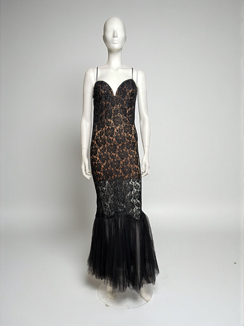 Black lace mermaid gown by La Perla, 1990s, with sweetheart neckline and layered tulle hem