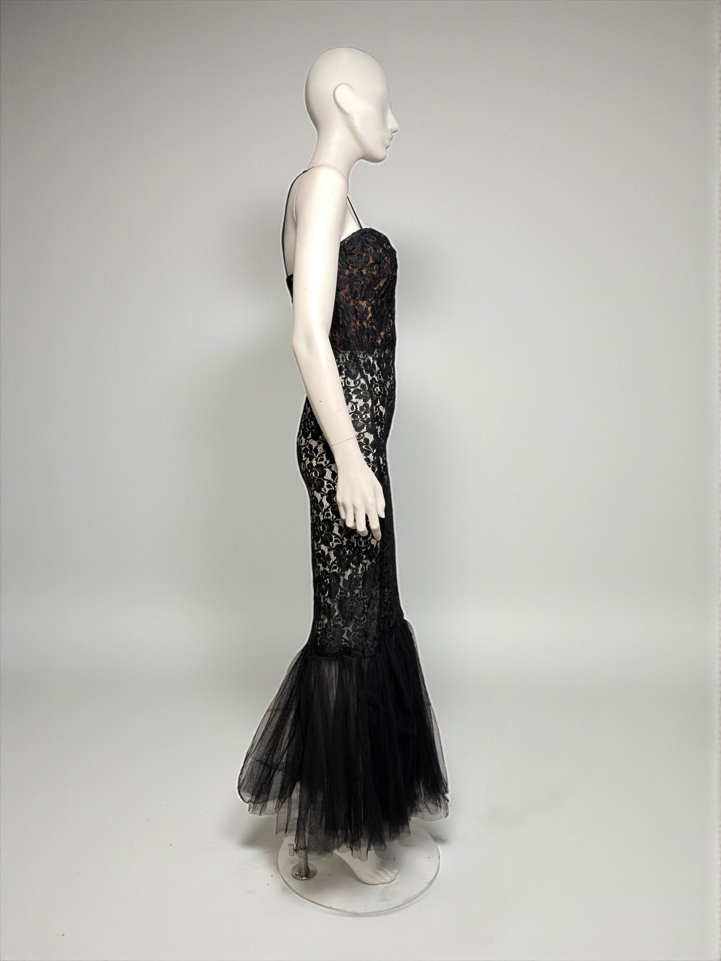 La Perla 1990s Black Lace Mermaid Gown with Sheer Tulle Hem