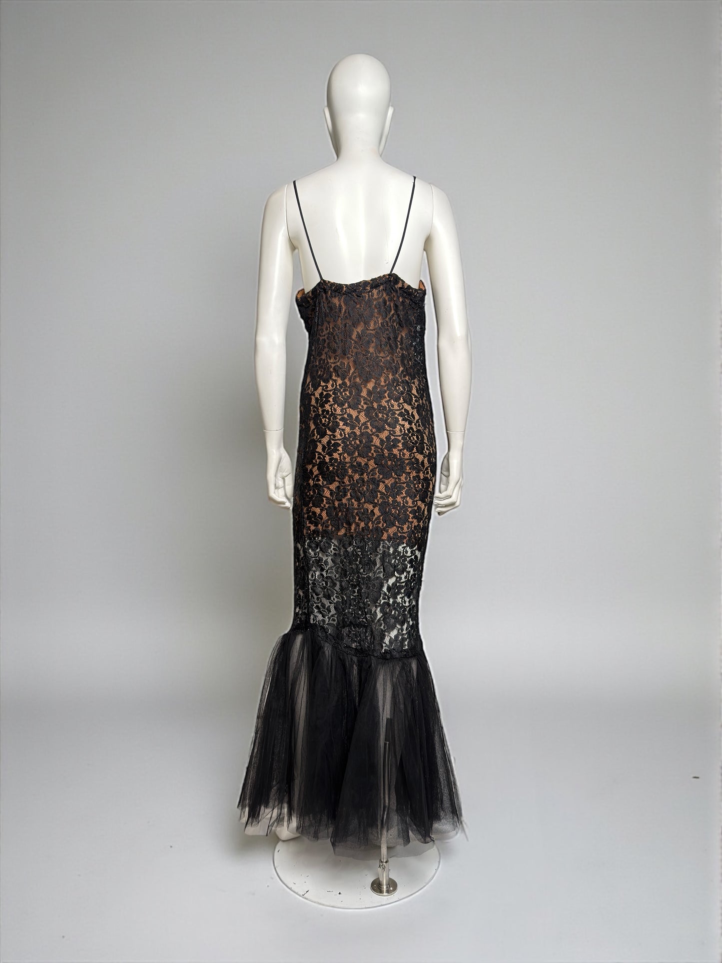 La Perla 1990s Black Lace Mermaid Gown with Sheer Tulle Hem