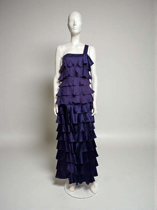 Valentino Fall 2007 Purple Silk Satin Gown with Cascading Tiered Ruffles