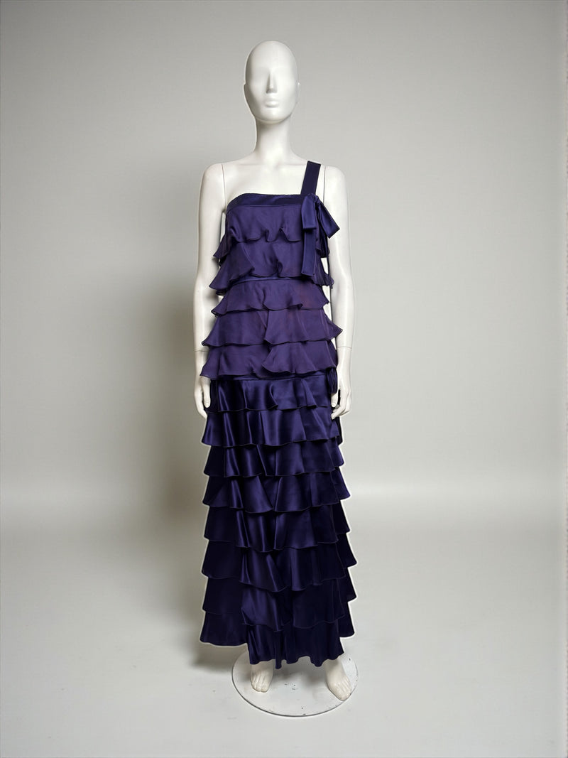 Purple silk satin gown by Valentino, one-shoulder asymmetric neckline with cascading tiered ruffles
