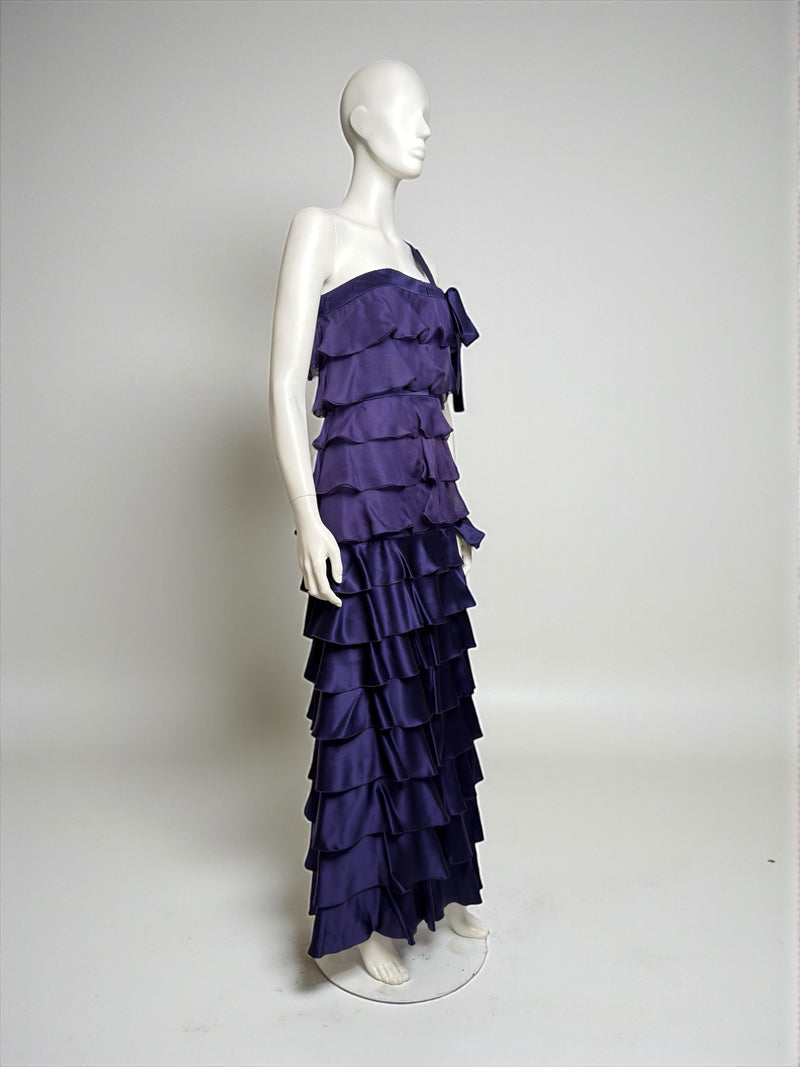 Purple silk satin gown by Valentino, back view showing asymmetric strap and tiered ruffle detail