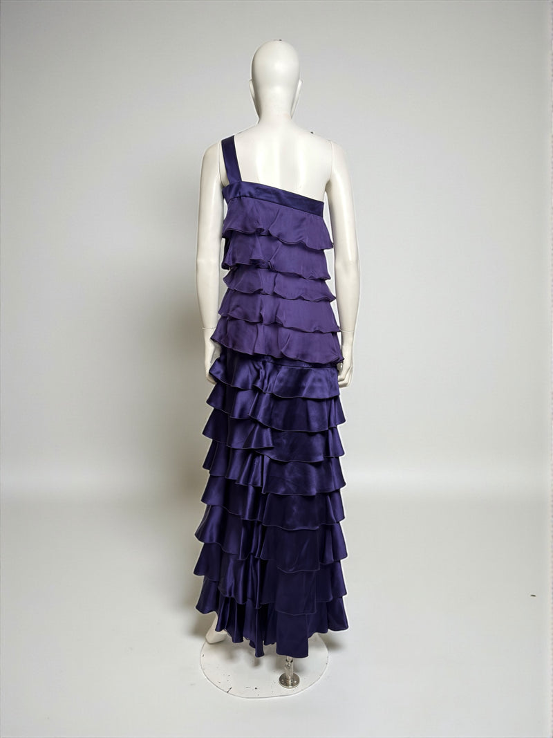 Purple silk satin gown by Valentino, close-up of tiered ruffle texture and construction detail