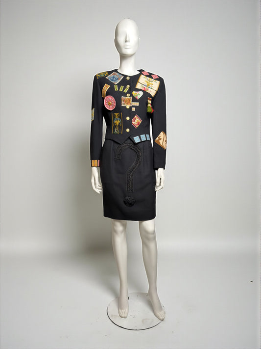 Moschino Couture Fall 1988 Patch Jacket and Question Mark Skirt Ensemble