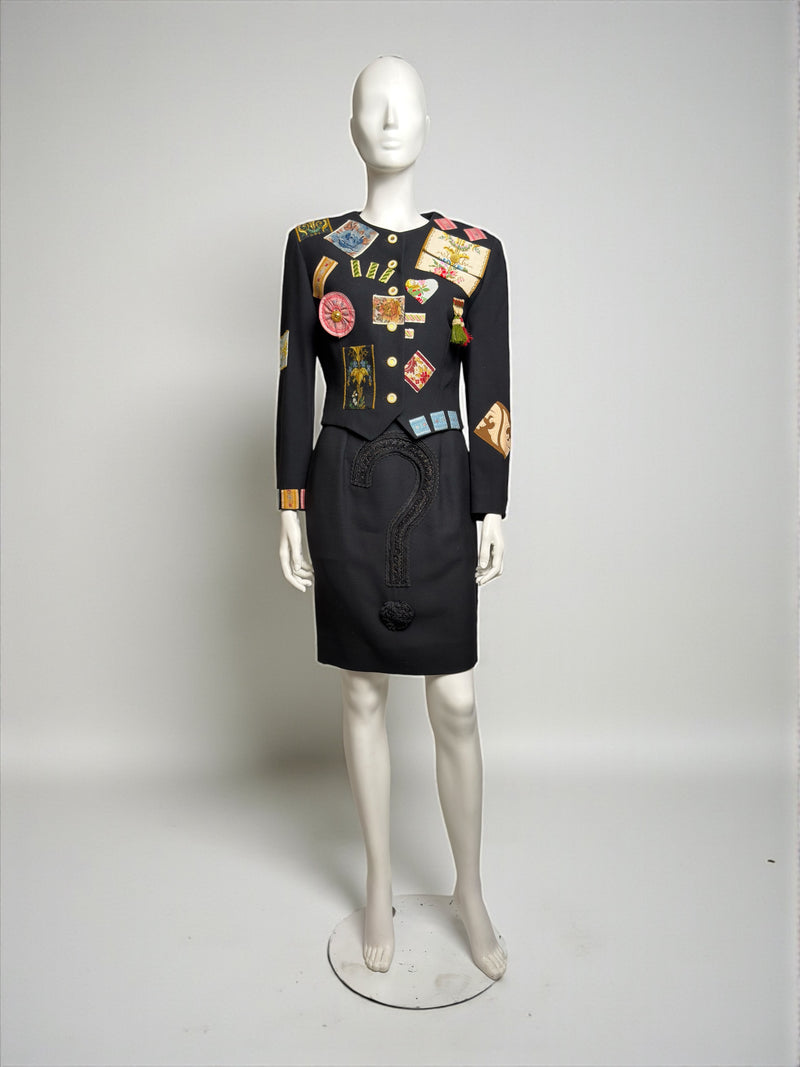 Black patch jacket by Moschino Couture, Fall 1988, front view flat lay