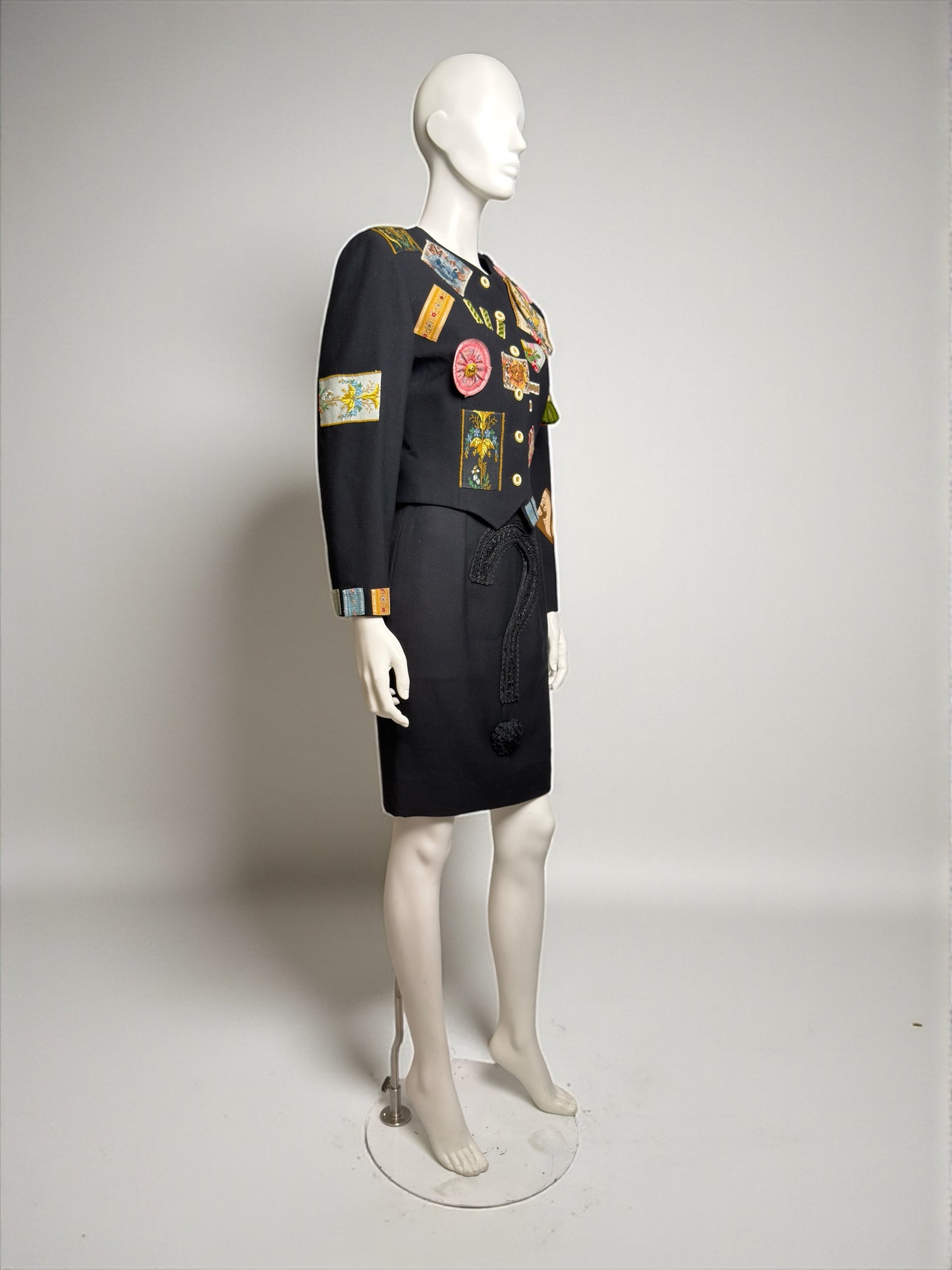 Moschino Couture Fall 1988 Patch Jacket and Question Mark Skirt Ensemble