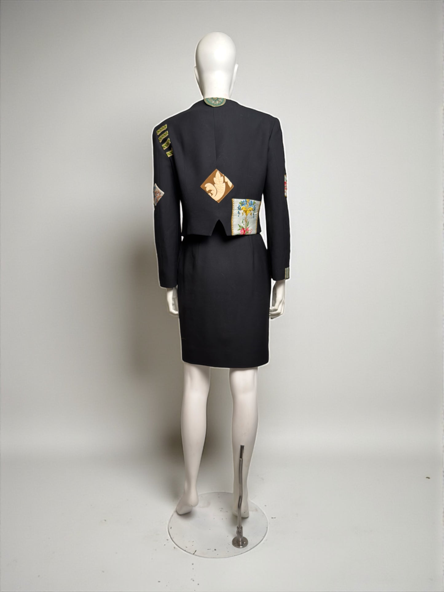 Moschino Couture Fall 1988 Patch Jacket and Question Mark Skirt Ensemble