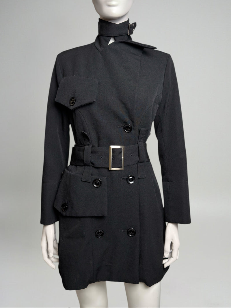 Black wool jacket by Yohji Yamamoto, asymmetrical wrapped front with oversized flap pockets