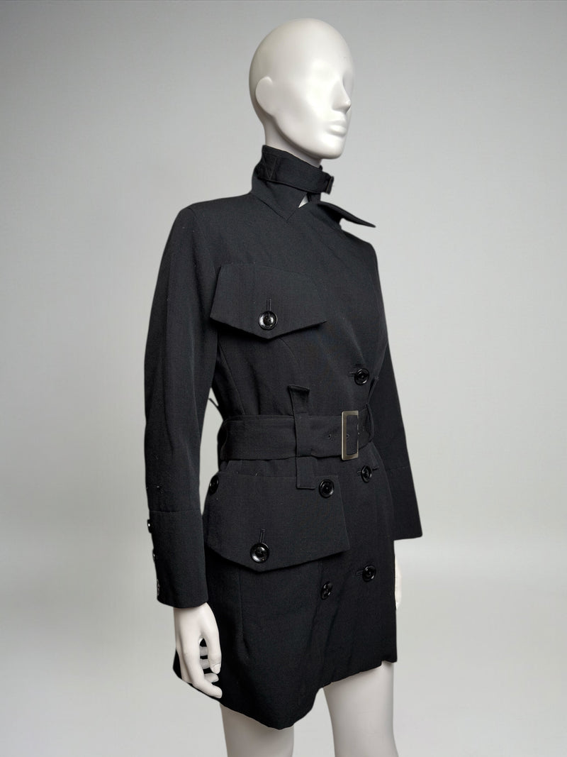 Black wool jacket by Yohji Yamamoto, detail of high buckled collar and off-center closure
