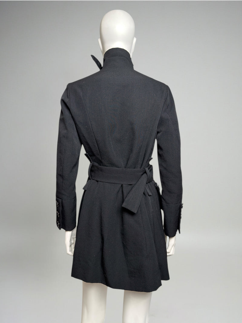 Black wool jacket by Yohji Yamamoto, wide belt with rectangular metal buckle at waist