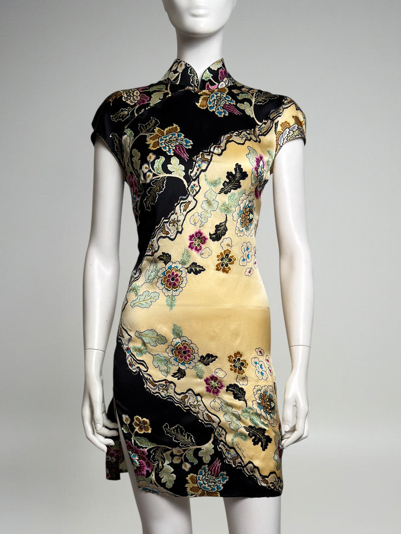 Yellow silk cheongsam mini dress by Roberto Cavalli, chinoiserie print with front hooks detail