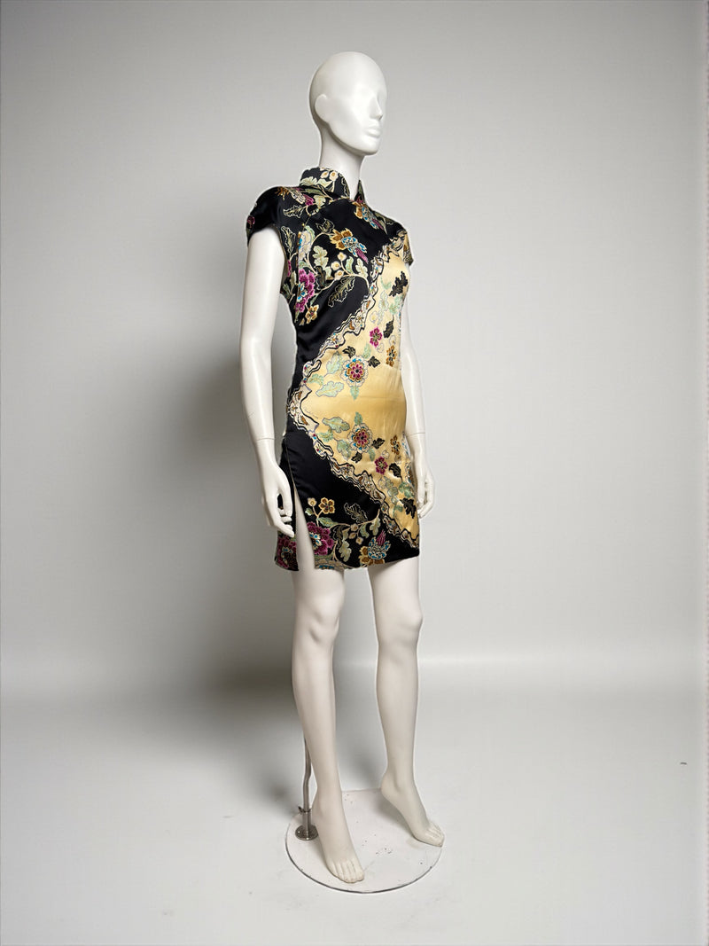 Roberto Cavalli S/S 2003 cheongsam dress, yellow silk with chinoiserie pattern side view
