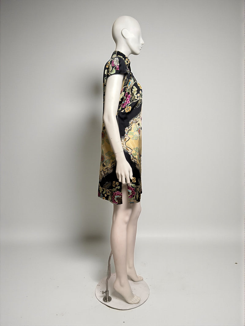 Yellow silk cheongsam mini dress by Roberto Cavalli, front hook closures and chinoiserie print