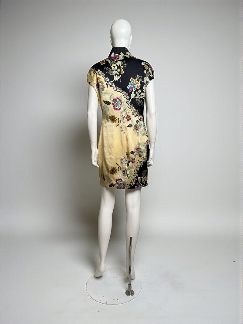 Roberto Cavalli cheongsam dress hem detail, yellow silk with leg slit and mini length