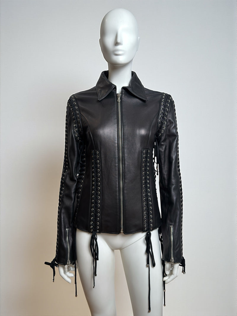 Black leather jacket with corset lace-up front by Dolce & Gabbana, S/S 2003