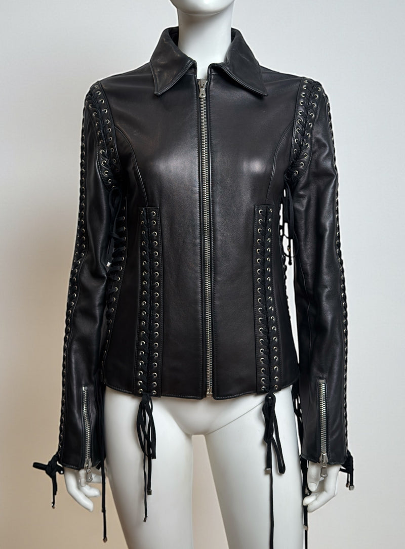 Black leather jacket with corset lace-up front by Dolce & Gabbana, S/S 2003