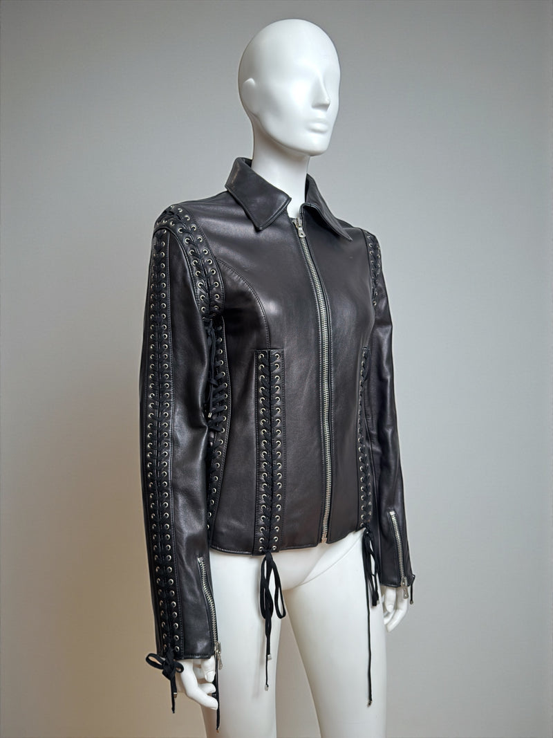 Black leather corset lace-up jacket by Dolce & Gabbana, front detail