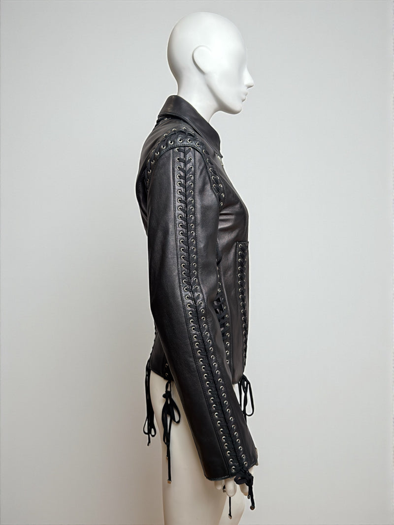 Black leather corset lace-up jacket by Dolce & Gabbana, lacing detail