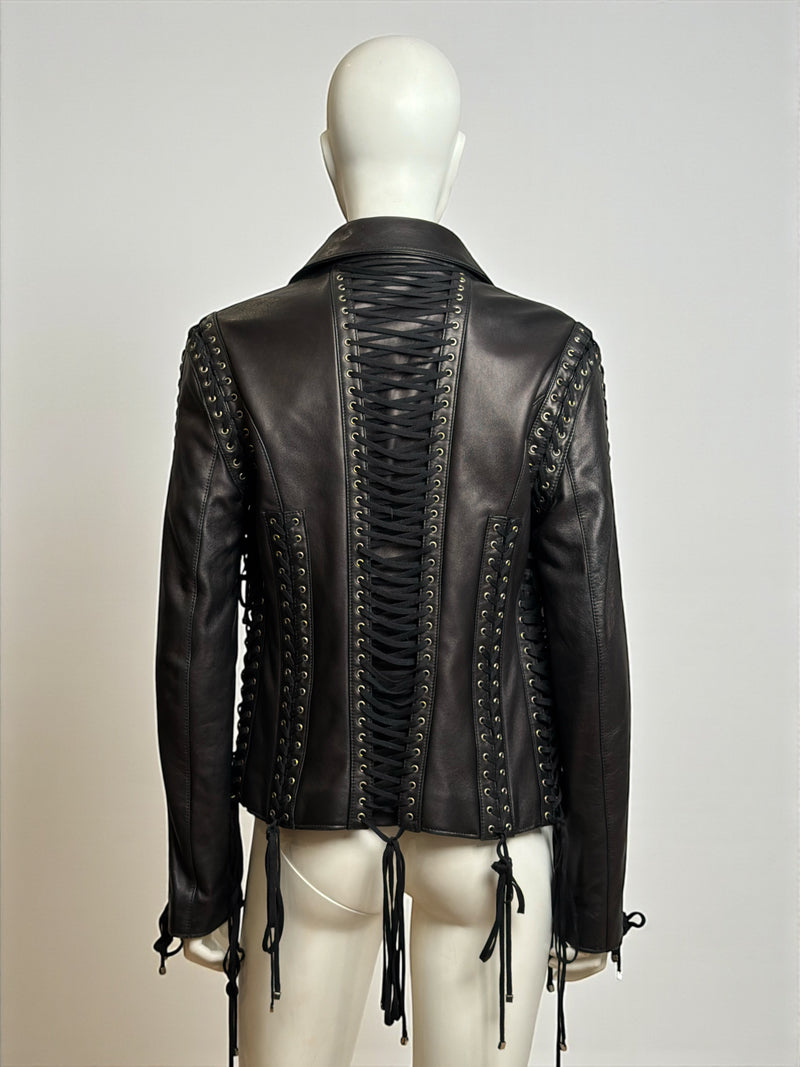 Black leather jacket by Dolce & Gabbana, side view