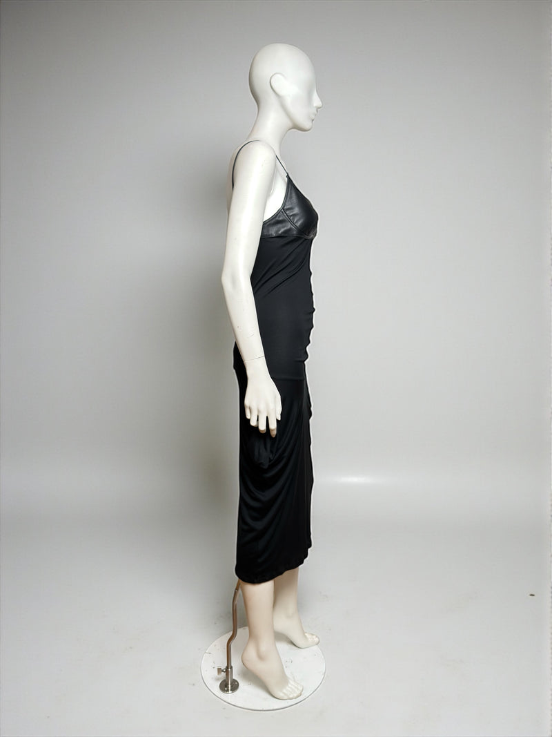 Black draped dress by Alexander McQueen, back closure and gathered fabric detail