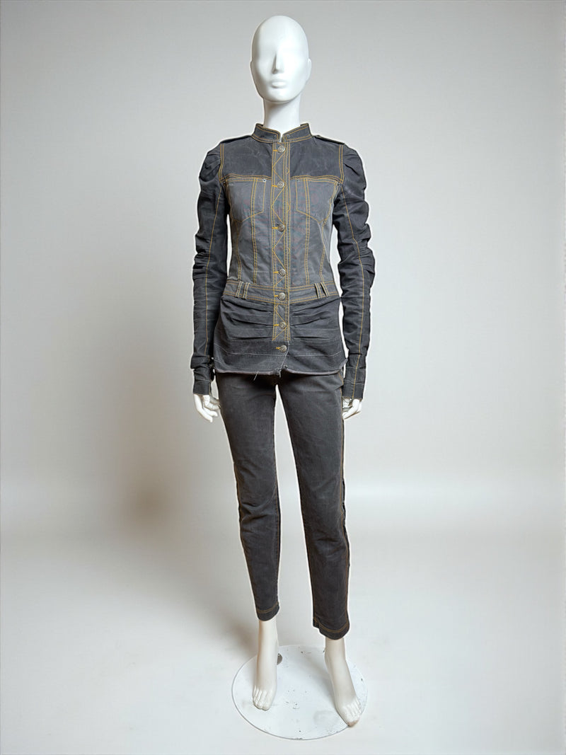 Blue denim jacket by John Galliano with pleated tulle panels and sculptural seaming, Spring 2006