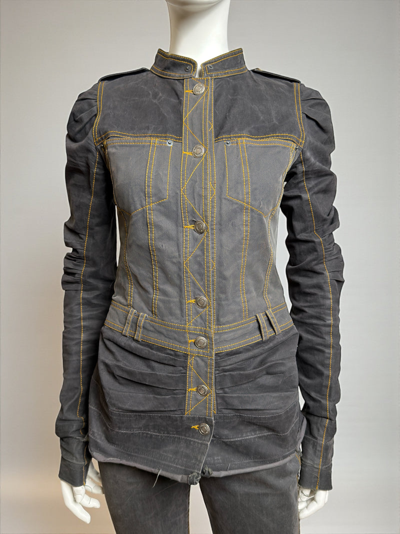 John Galliano denim jacket showing pleated tulle panel construction and sculptural seams