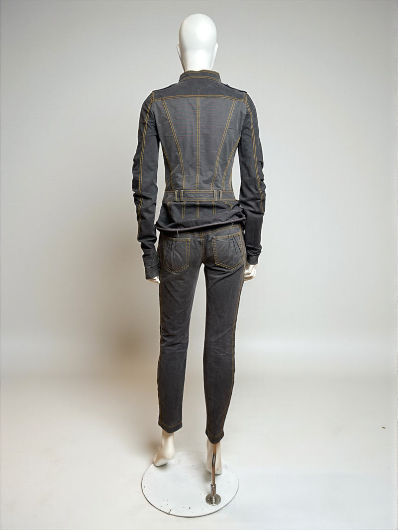 Detail of tulle trim on John Galliano denim jeans side seam