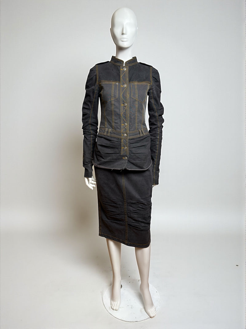 Blue denim jacket by John Galliano with contrast topstitching and tulle trim detail