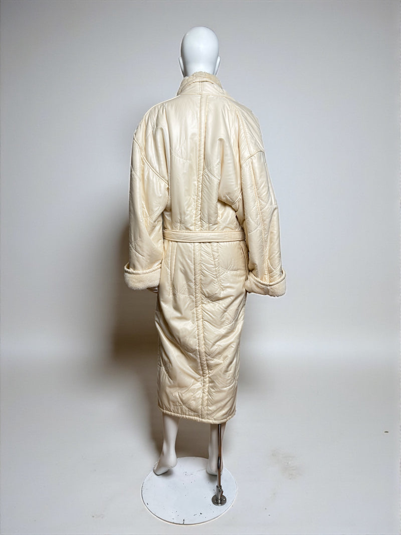 White shearling fleece bathrobe coat by Thierry Mugler, back view displaying dramatic shoulder construction