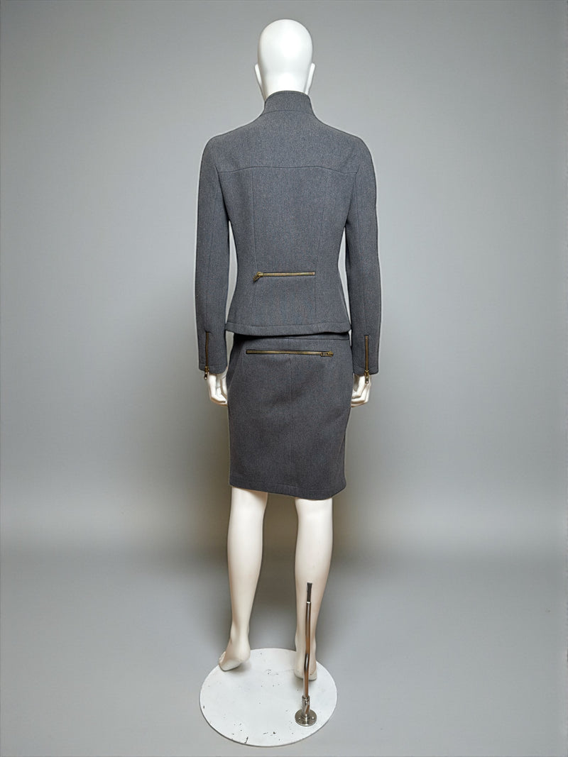 Grey wool tailored jacket by Miu Miu, back view with structured shoulders