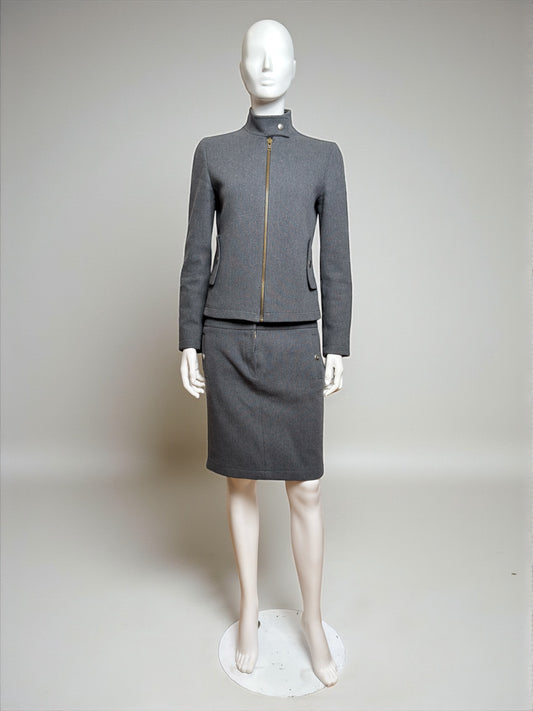 Miu Miu F/W 1999 Grey Wool Tailored Zip Jacket and Skirt Ensemble