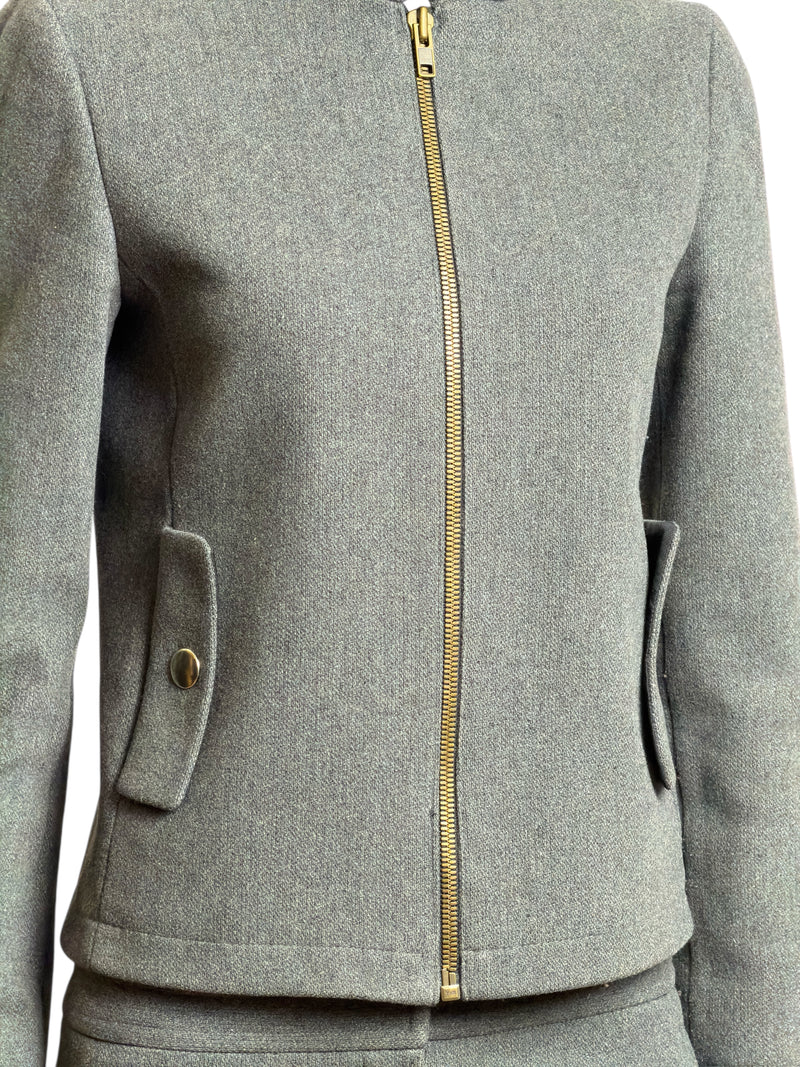 Grey wool tailored jacket by Miu Miu, side profile with fitted silhouette