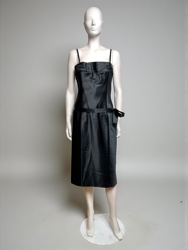 Black satin midi dress by Gucci Tom Ford, full length front view