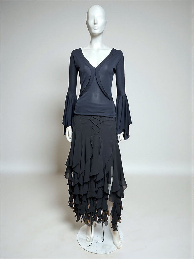 Black jersey top and tiered chiffon skirt by Yves Saint Laurent, Tom Ford era, front view