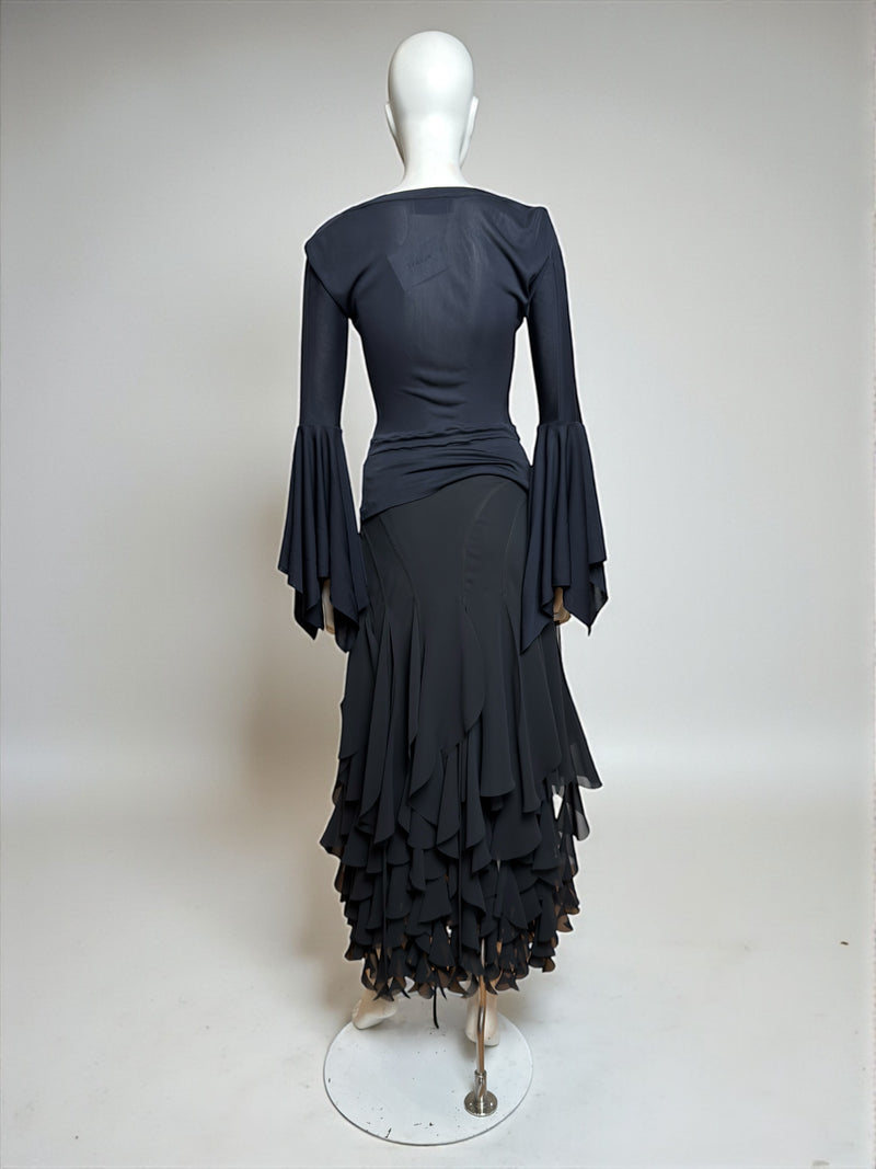 Black jersey top and tiered chiffon skirt by Yves Saint Laurent, Tom Ford era, ensemble view