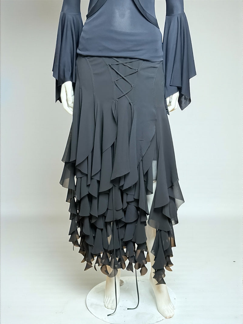 Black jersey top and tiered chiffon skirt by Yves Saint Laurent, Tom Ford era, back view
