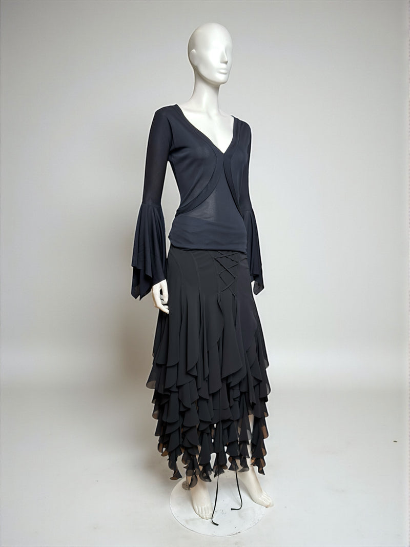 Black tiered chiffon skirt by Yves Saint Laurent, Tom Ford era, full length view
