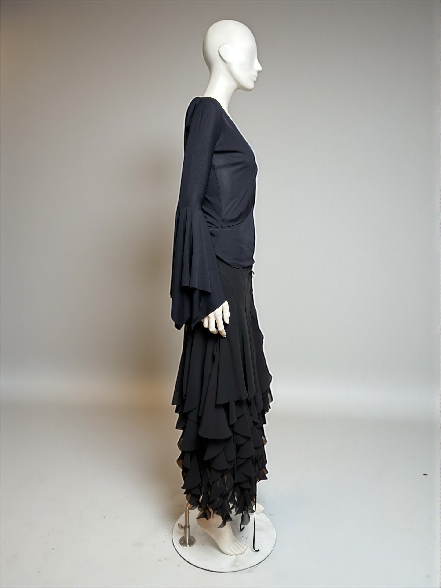 Yves Saint Laurent by Tom Ford S/S 2003 Black Jersey Top & Tiered Chiffon Skirt