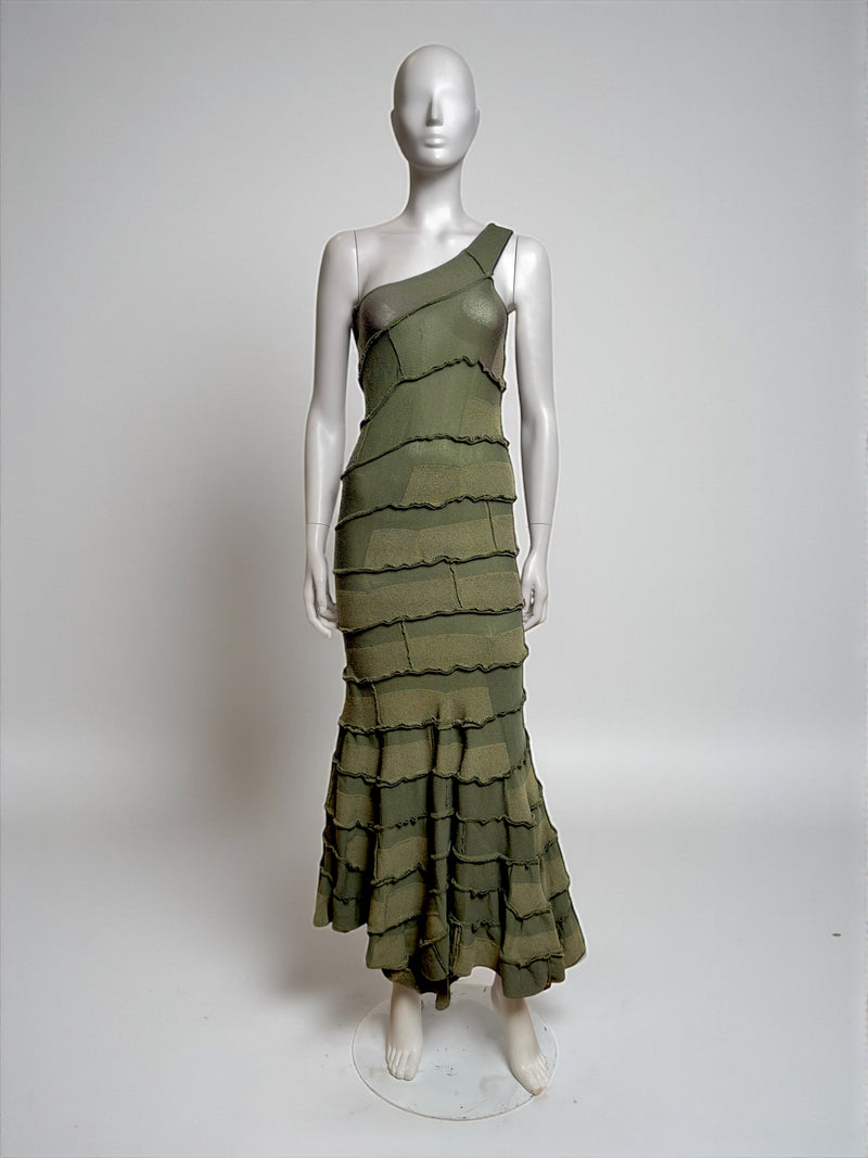 Olive tiered one-shoulder maxi dress by Junya Watanabe, F/W 2006, front view