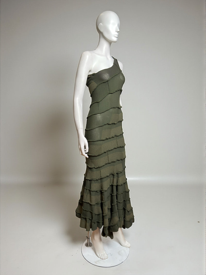 Olive tiered one-shoulder maxi dress by Junya Watanabe, F/W 2006, back view