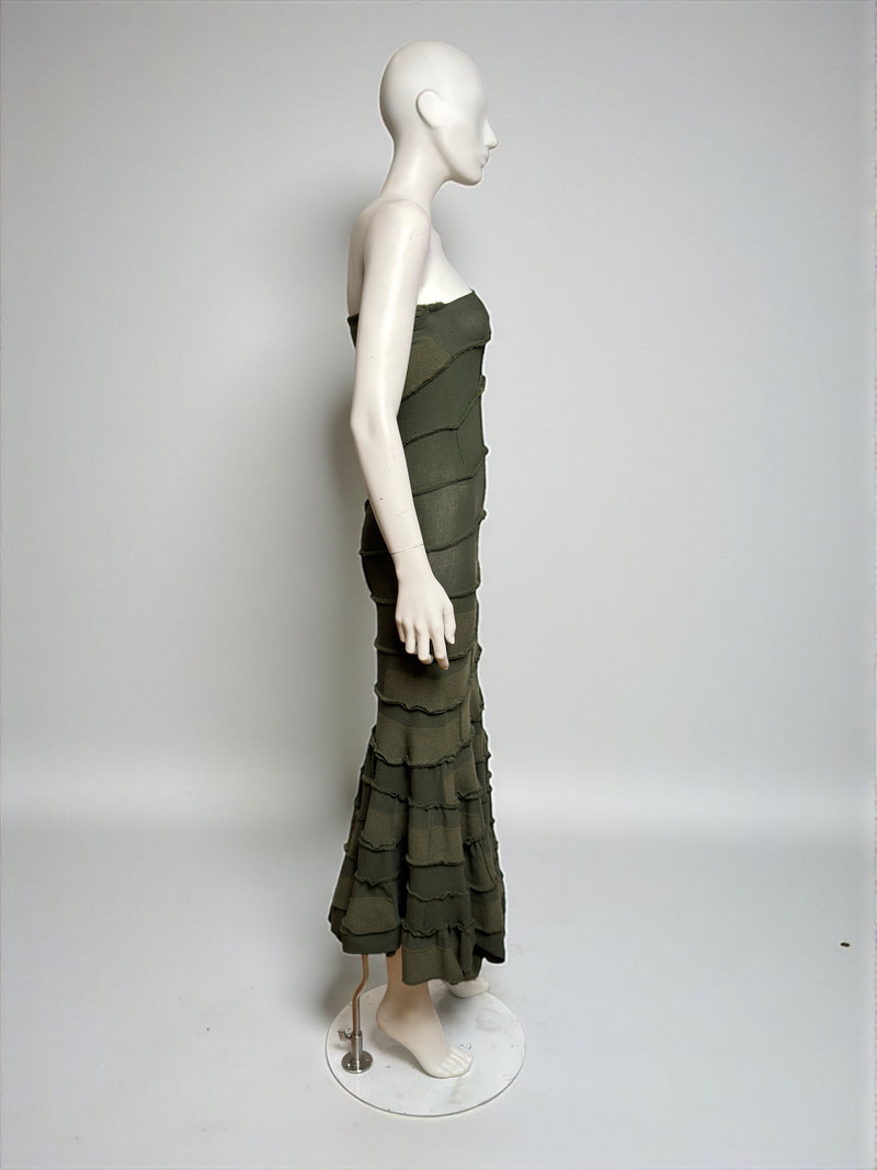 Olive tiered one-shoulder maxi dress by Junya Watanabe, F/W 2006, shoulder detail